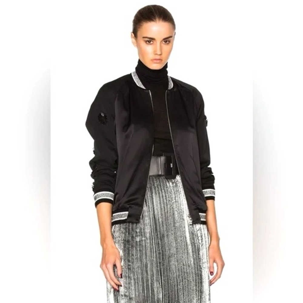 3.1 Phillip Lim Black Satin Floral Rosette Bomber Jacket Size 0